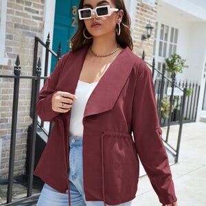 Women's Draped Open Front Jacket in Burgundy
